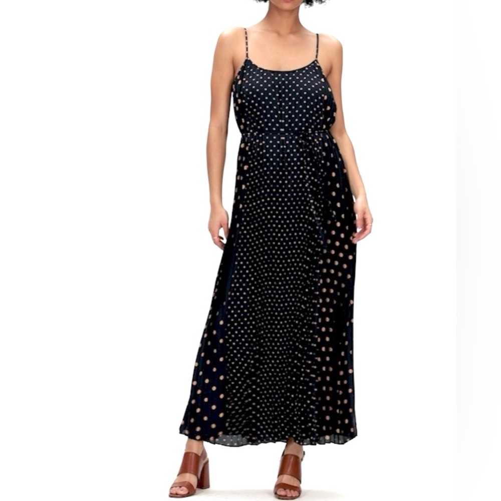 banana republic  Navy Polka Dot Maxi Dress pleated 4 petit